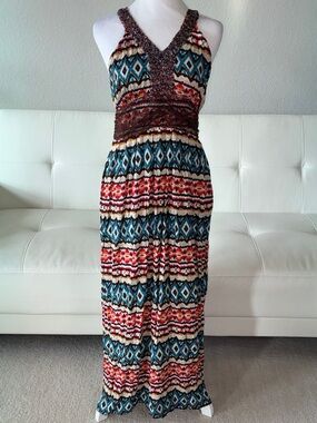 Young Threads Beaded Tribal-Print Maxi Dress with Lace Waist Detail